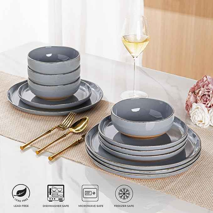 AmorArc Ceramic Dinnerware Sets for 4, 12 Pieces Handpainted Plates and Bowls Set with Rustic Terracotta Underside, Scratch Resistant Stoneware Dishes Set, Dishwasher & Microwave Safe