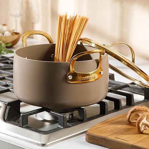 Bloomhouse - Two Time Oprah's Favorite Things Winner - 6 Quart Heavy Duty Aluminum Premium PFA Free Ceramic Nonstick Dutch Oven Pot with Lid - Cappuccino Cream with Gold Handle