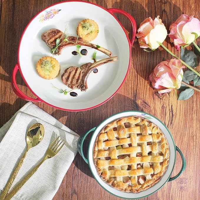 Two-piece baking pan set: Hand-painted floral ceramic baking pan with creative double handles, suitable for lasagna, quiche, apple pie, etc, a housewarming or wedding gift. (Combination 1)