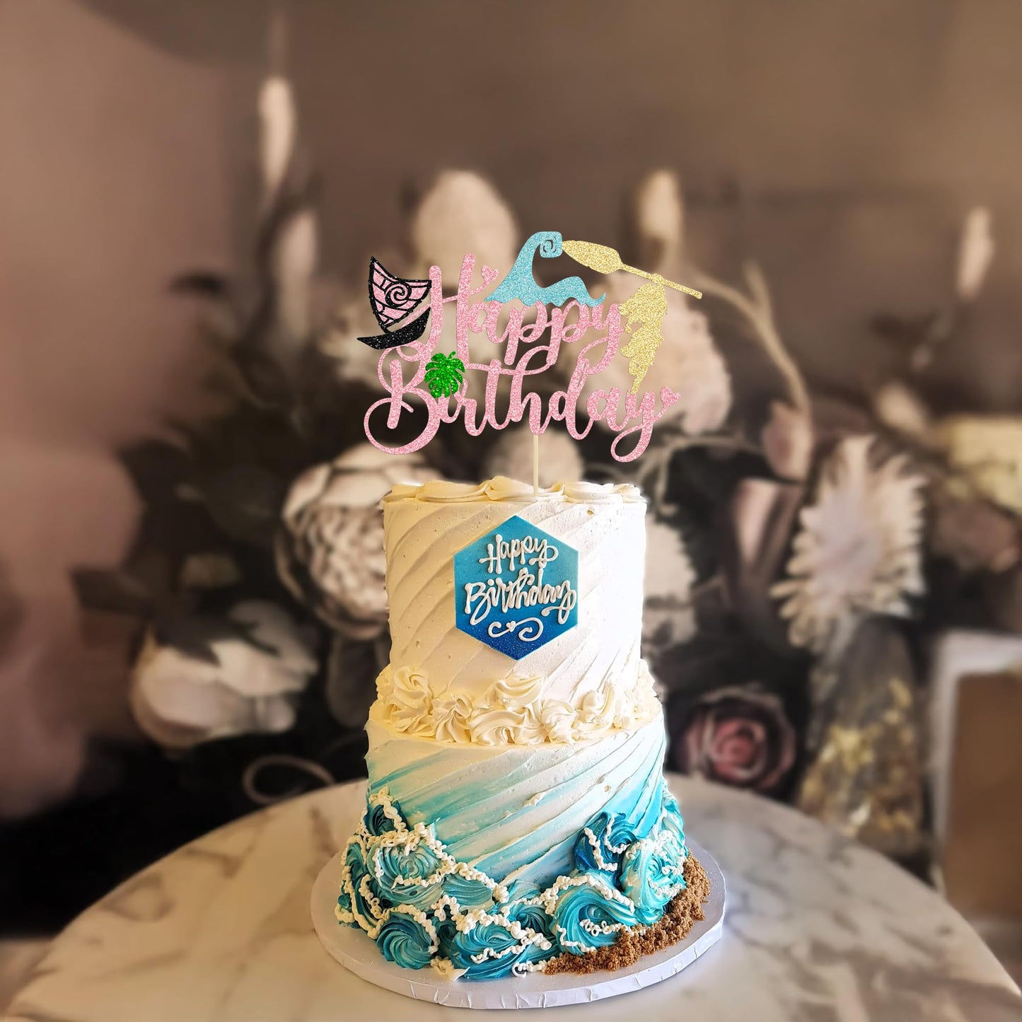 1Pcs Summer Cake Topper Glitter Tree Flower Happy Birthday Cake Pick Decoration for Tropical Hawaiian Luau Theme Baby Shower Kids Birthday Party Cake Decorations Supplies Pink (Pink 4)