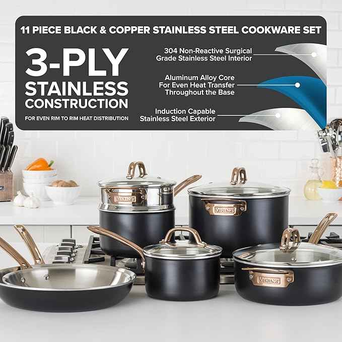 Viking 3 Ply Pots and Pans Set, 11 Piece Stainless Steel Kitchen Cookware with Glass Lids, Black with Copper
