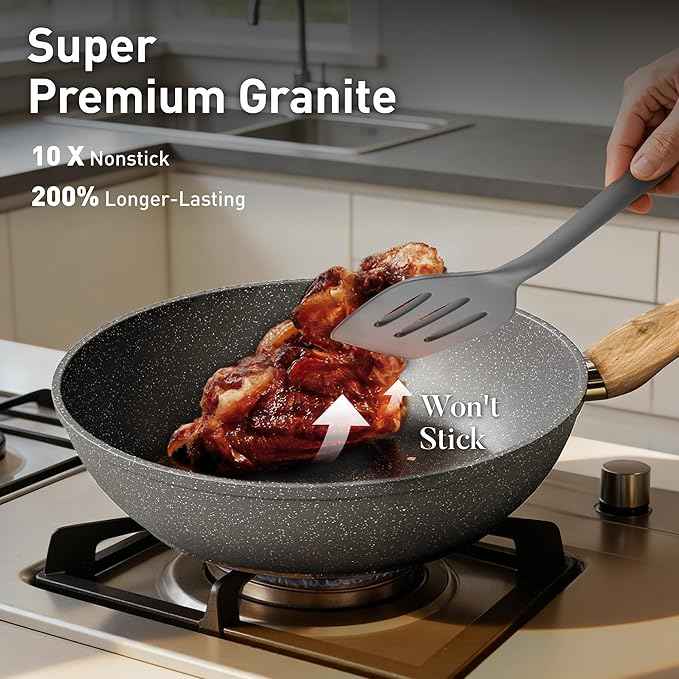 DishDelight Induction Pots and Pans Set, 12 Piece Nonstick Cookware, Granite Cooking Set with Frying Pans, Gray