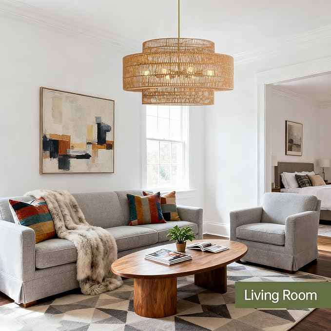 30” Boho Rattan Chandelier Light Fixture, 8-Light Large Hand Woven Pendant Light Fixture Farmhouse Rustic Chandeliers for Dining Room, Kitchen, Bedroom, Living Room, Hallway, Foyer