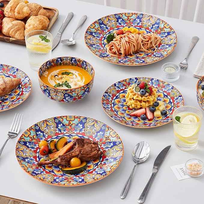 vancasso 12 Pieces Dinnerware Sets, Orange Plates and Bowls Set, Porcelain Dishes Set for 4, Microwave and Dishwasher Safe, Scratch Resistant, Bohemian Style Dining Ware Service for 4, Series SIMI