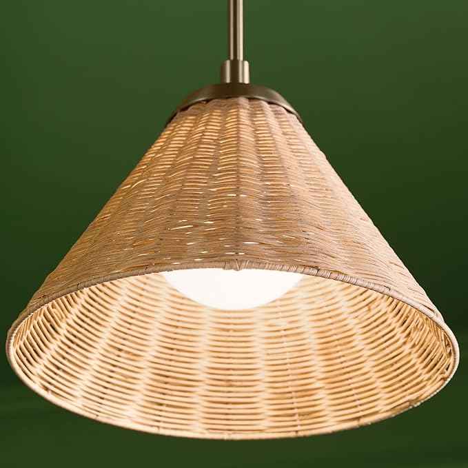 Kichler Bekah 1-Light Convertible Pendant, Global Boho LIght with Opal Glass and Handwoven Rattan Shade in Champagne Bronze, Sloped Ceiling Compatible, for Kitchen or Foyer (10.75" x 14.25"), 52728CPZ