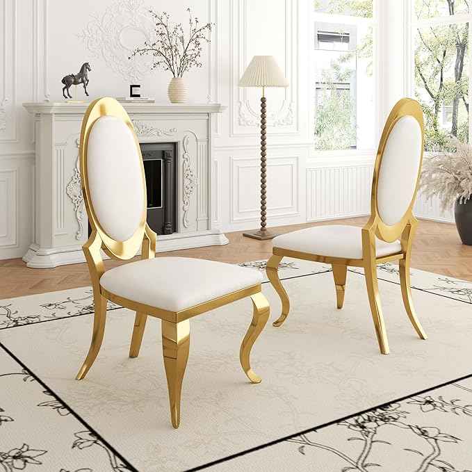 Modern Dining Chairs Set of 4, Luxury Faux Leather Upholstered Armless Dining Room Chair with Mirrored Stainless Steel Gold Legs, Mid Century Accent for Wedding Party Banquet Reception, White