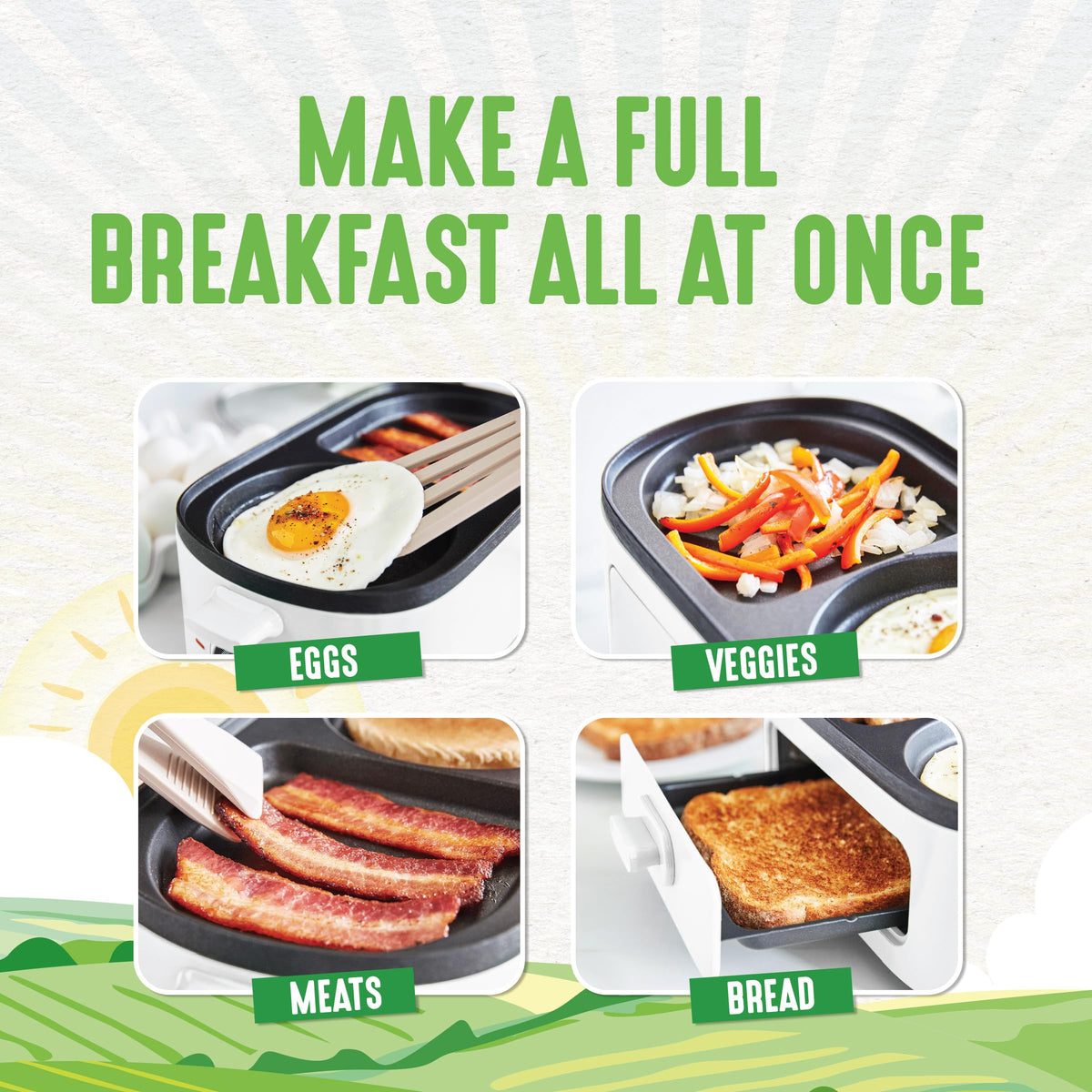 3-in-1 Breakfast Maker Station, Healthy Ceramic Nonstick Dual Griddles for Eggs Meat Sausage Bacon Pancakes and Breakfast Sandwiches, 2 Slice Toast Drawer, Easy-to-use Timer, White (White / 11" Breakfast Maker / Breakfast Maker)