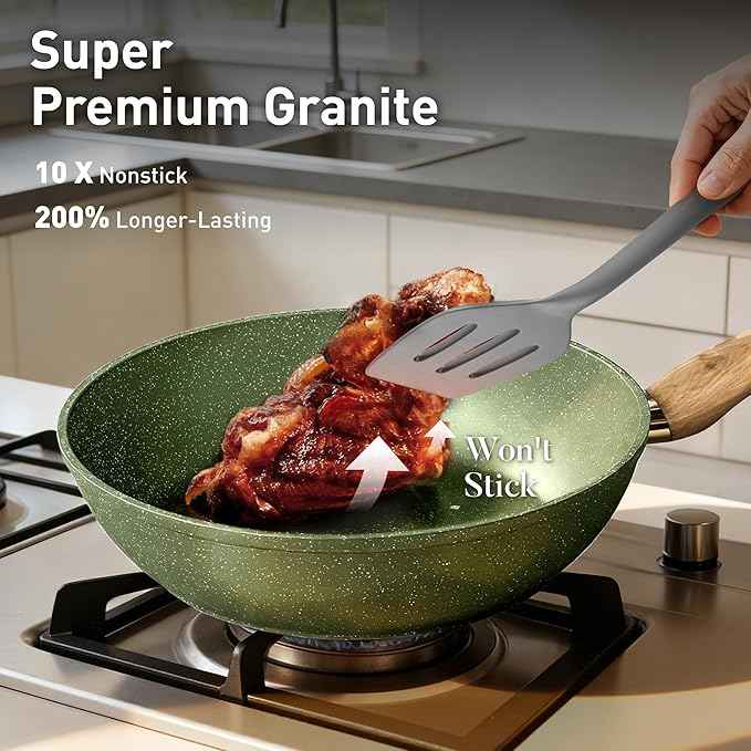 DishDelight Induction Pots and Pans Set Non Stick, 12 Piece Nonstick Induction Granite Kitchen Cookware Sets, Induction Cookware Nonstick Granite Cooking Set, PFOA&PFOS Free, Green