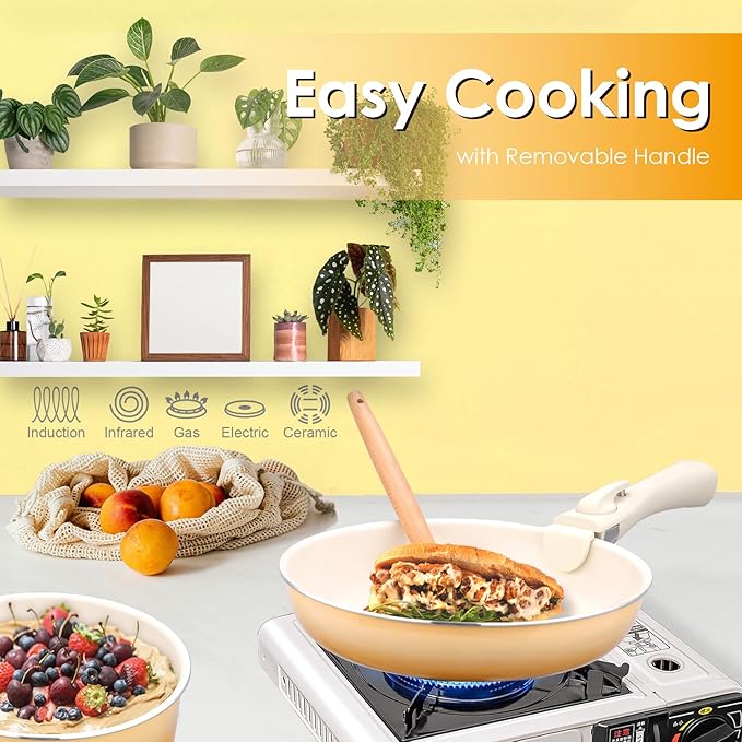 ONGIFT 20pcs Ceramic Cookware Set Nonstick, Detachable Handle Pots and Pans Set, Non Toxic,No PFAS & PTFE & PFOA, Dishwasher/Oven Safe, RV Kitchen Set Removable Handle for Cooking, Yellow