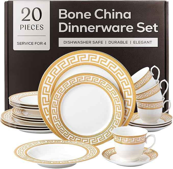 Joseph Sedgh Collection 20-Piece Bone China Dinnerware Set, Service for 4, White and Golden Greek Key