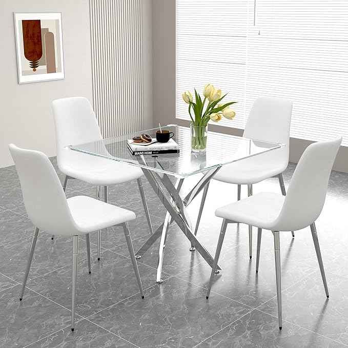 36" Square Glass Dining Table Set for 4, 5-Piece Modern Kitchen Table with 4 White Velvet Chairs, Modern Circle Leisure Table for Home Office Dining Room Small Spaces (Silver Leg)