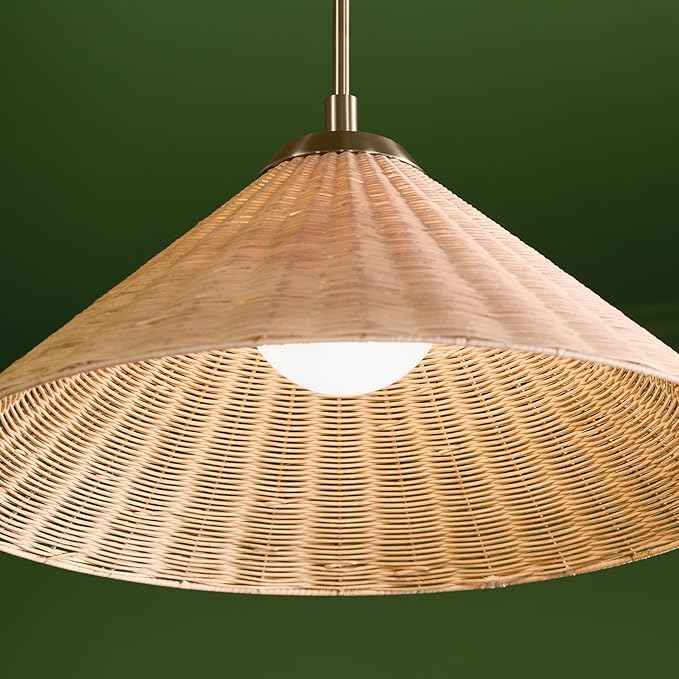 KICHLER Bekah 1-Light Convertible Pendant, Boho Light with Opal Glass and Handwoven Rattan Shade in Champagne Bronze, Sloped Ceiling Compatible, for Dining or Living Room (11.75" x 24.25"), 52730CPZ
