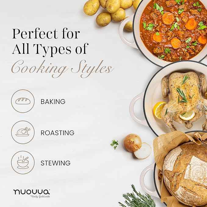 Nuovva Enamelled Cast Iron Dutch Oven Pot with Lid 6.4 Quart Non Stick Casserole Pot – Heavy Duty & Oven Safe up to 500° F for Bread Baking, Braising, Stews, Roasting – 28cm Oyster