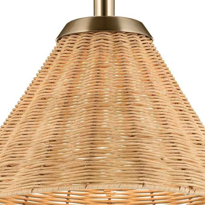 Kichler Bekah 1-Light Convertible Pendant, Global Boho LIght with Opal Glass and Handwoven Rattan Shade in Champagne Bronze, Sloped Ceiling Compatible, for Kitchen or Foyer (10.75" x 14.25"), 52728CPZ