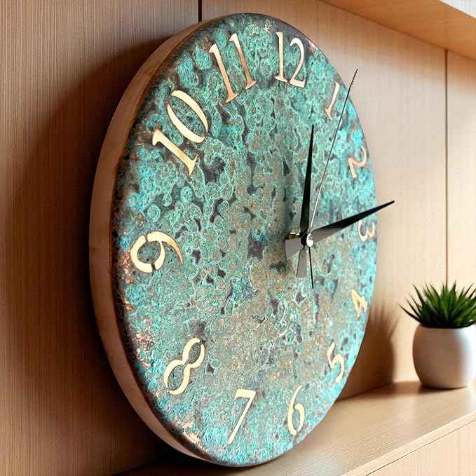Handmade Pure Copper Wall Clock for Home Decoration, Decor Clock for Living Room, Bedroom and Kitchen, Rustic Decorative Mural Clock Art for Farmhouse (Numbers of Patina, 17.7)