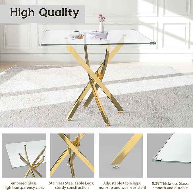 AF ARTISAN FURNITURE 36" Square Glass Dining Table Set for 4, 5-Piece Modern Kitchen Table with 4 White Velvet Chairs, Modern Circle Leisure Table for Home Office Dining Room Small Spaces (Gold Leg)