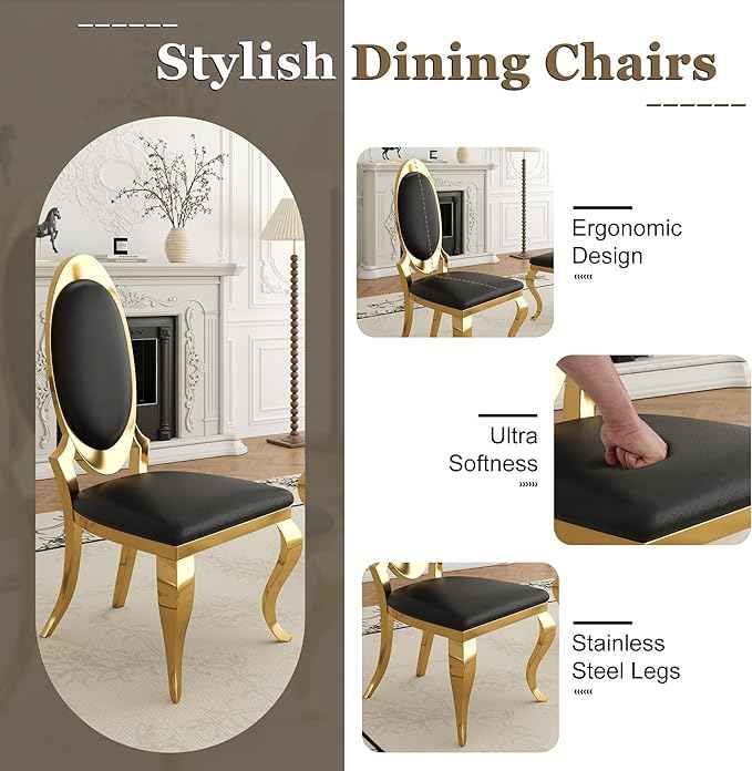 Modern Dining Chairs Set of 2, Luxury Faux Leather Upholstered Armless Dining Room Chair with Mirrored Stainless Steel Gold Legs, Mid Century Accent for Wedding Party Banquet Reception, White