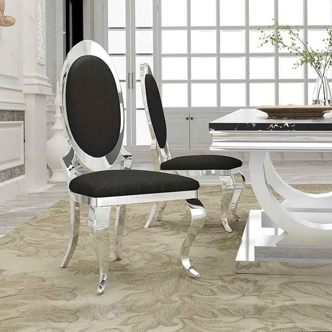 Modern Dining Chairs Set of 2, Luxury Faux Leather Upholstered Armless Dining Room Chair with Mirrored Stainless Steel Silver Legs, Mid Century Accent for Wedding Party Banquet Reception, Black