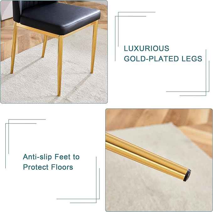 Black Dining Chairs Set of 4 Modern Kitchen Chairs PU Leather Chair with Metal Legs Armless Upholstered Chair for Dinner Room, Office, Waiting Room(Set of 4, Black Golden)