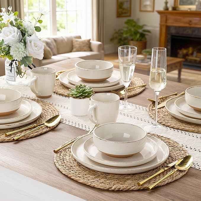 AmorArc Ceramic Dinnerware Sets with Pasta Bowls for 8, Handpainted Plates and Bowls Set with Rustic Terracotta Underside, Scratch Resistant Dishes Set, Dishwasher & Microwave Safe, 32 Pcs