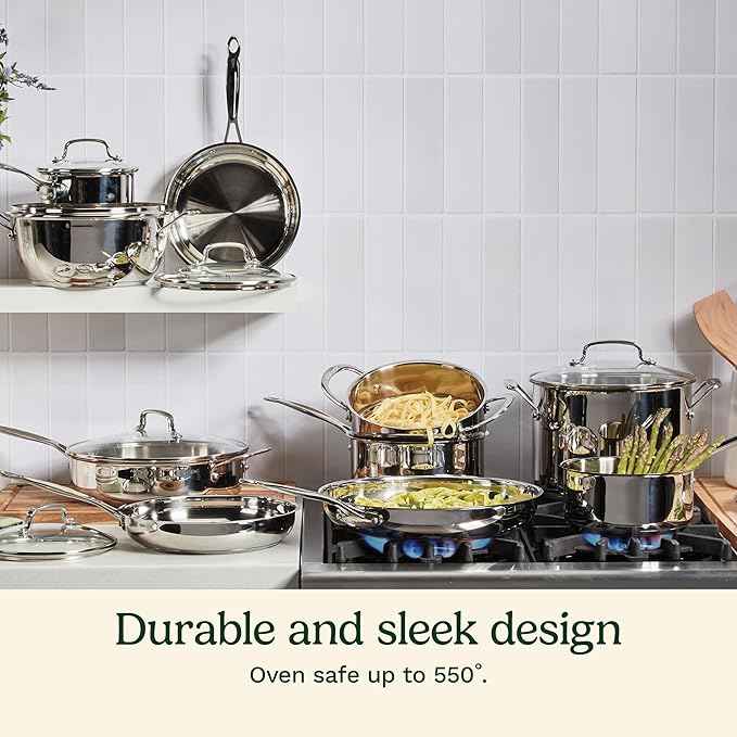 Cuisinart 17-Piece Stainless Steel Cookware Set, Chef's Classic Steel Collection with Pure Aluminum Core for Quick and Even Heat, Cool Grip Handles, Dishwasher Safe, 77-17N