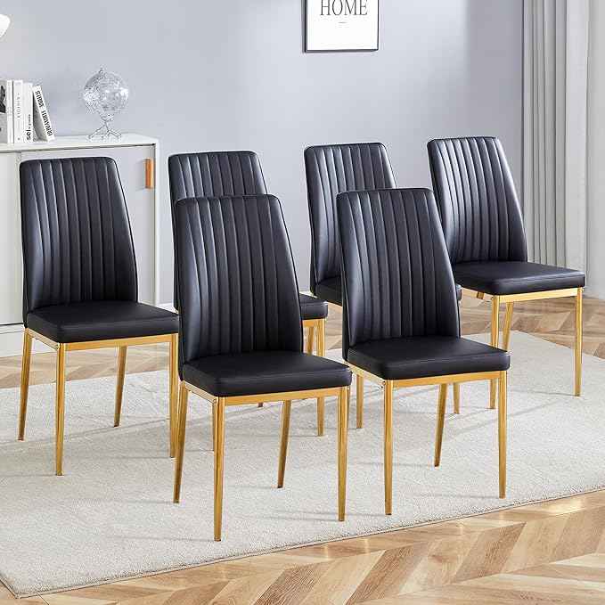 Black Dining Chairs Set of 6 Modern PU Leather Kitchen Chairs with Metal Legs Armless Upholstered Chair for Dinner Room, Office, Waiting Room(Set of 6, Black Golden Chair)