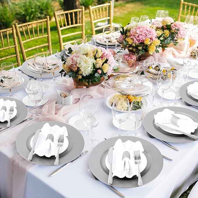 Tanlade 50 Pcs 13 Inch Charger Plates Bulk Round Wedding Chargers Plastic Dinner Plates for Table Setting Wedding Party Decoration (Silver White)