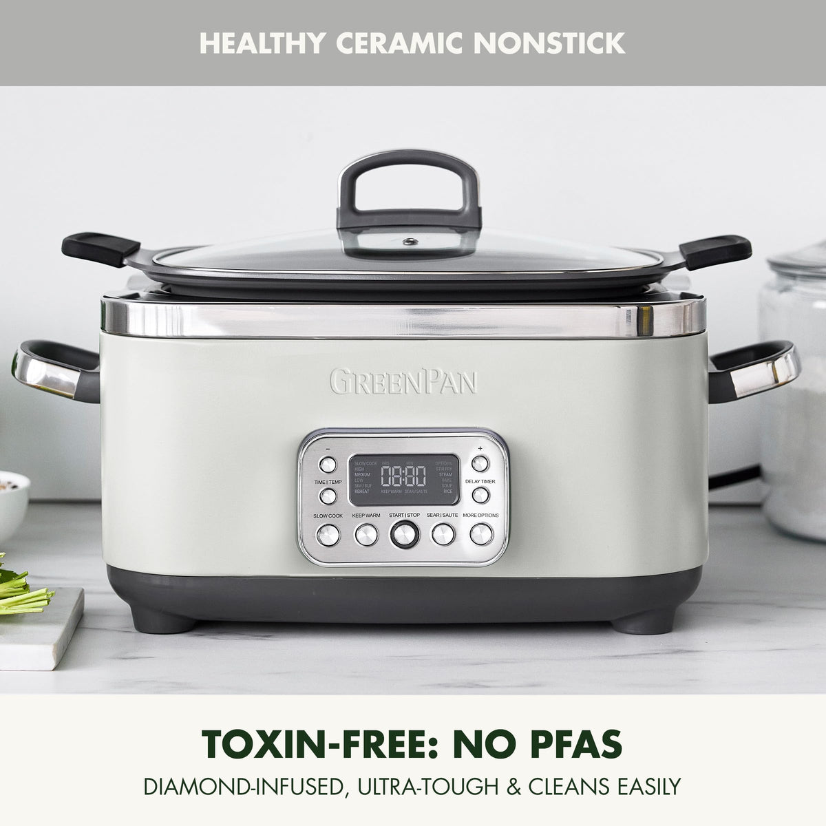 Elite 14-in-1 Nonstick 6QT Electric Slow Cooker, PFAS-Free Ceramic Multi-Cooker, In-Pot Browning, Dishwasher Safe Lid & Removable Crock, Stainless Steel Steamer, Silicone Handles, White (6 Quarts / Cream White)