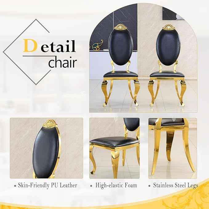 AF ARTISAN FURNITURE 7 Piece Luxury Dining Room Set, Modern Dining Table and Upholstered Chairs Set, Marble Kitchen Table Set for 6, Big Kitchen Dinner Tables Kit with Gold Base