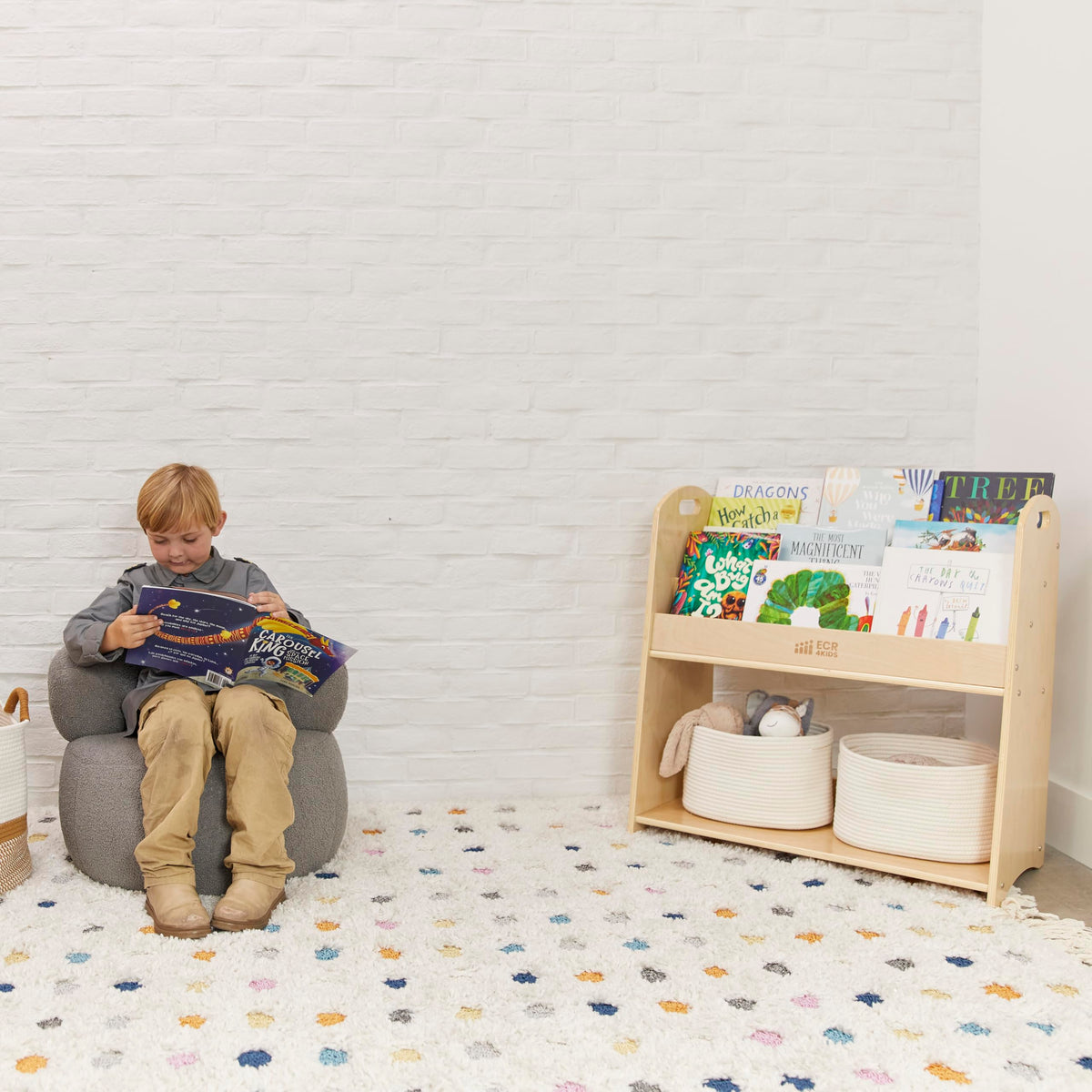 3 Shelf Floor Book Display with Handles and Storage (Natural)