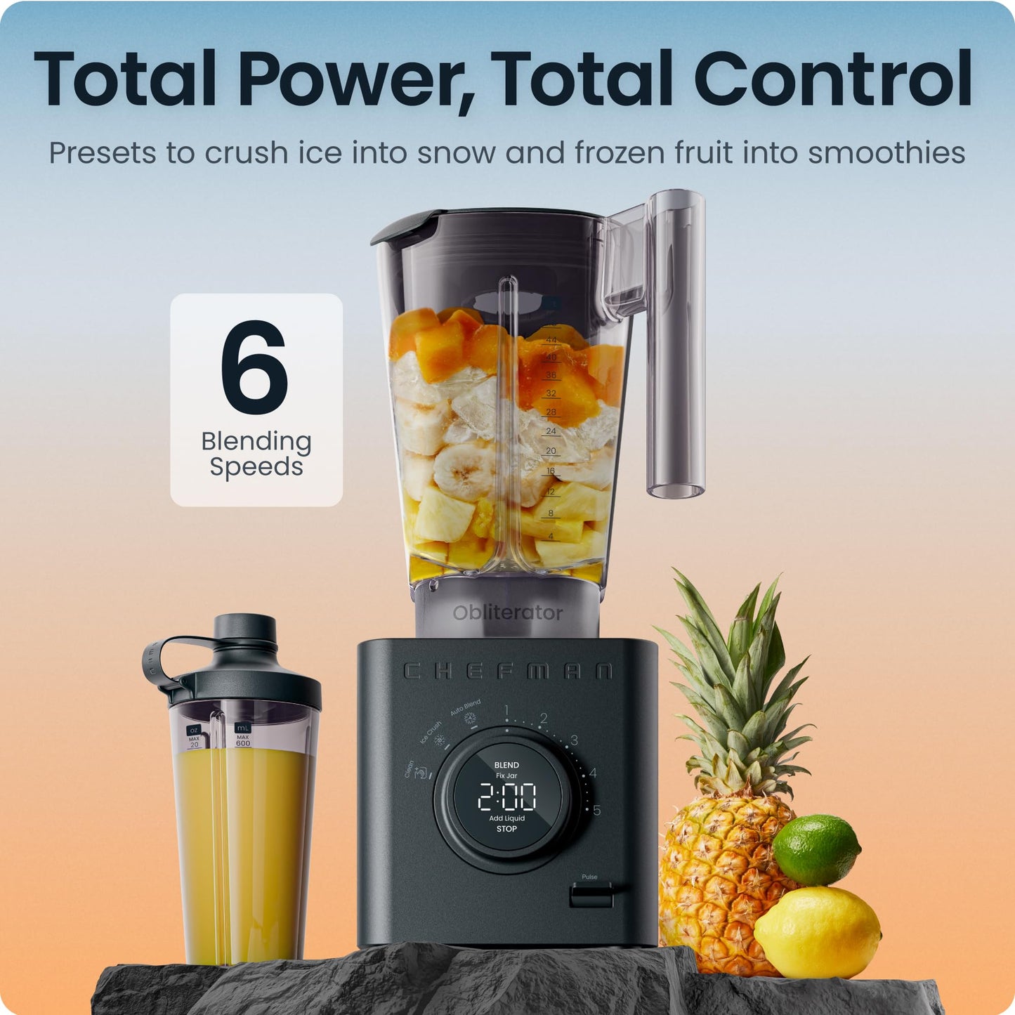 Obliterator 48 oz Countertop Blender for Smoothies (Midnight / Power Blender + 1 Travel Jar)