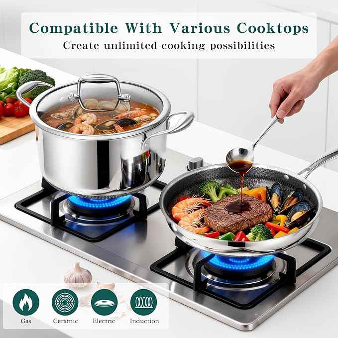 Yoehka 14-Piece Hybrid Stainless Steel Cookware Set, Non-Stick Pots and Pans Set with 3 Silicone Trivets | Induction Compatible Frying Pans, Saucepans, Saute Pan & Stock Pot | Oven Dishwasher Safe