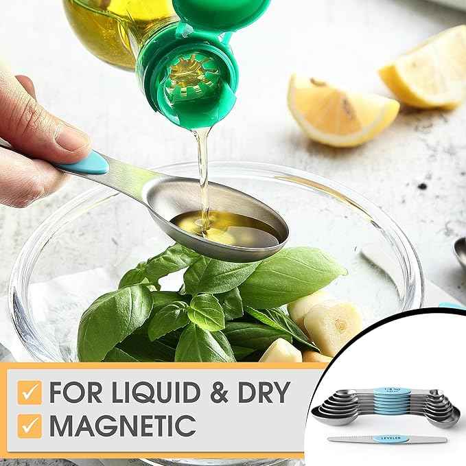 Spring Chef Stainless Steel Magnetic Measuring Spoons Set of 8 with Leveler, Metal Teaspoon & Tablespoon Measuring Spoons with Strong Magnets, Kitchen Gadgets for Baking & Cooking - 2 Pack - Aqua Sky