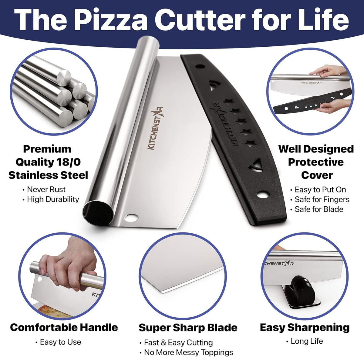 KitchenStar 14-Inch Pizza Cutter Rocker Blade - Sharp Stainless Steel Slicer Knife, Protective Cover, Dishwasher Safe, Large - Professional Pizza Oven Accessories - HomeSpice