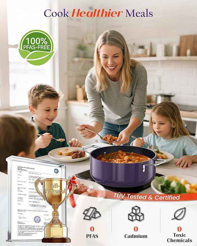 Nuwave Essential Series 5PC Ceramic Cookware Set PFAS-Free, G11 Duralon Blue Coating, Pots and Pans Set Non Stick, Diamond Scratch-Resistant,Stay-Cool Handle, Metal Lid,Induction Ready,Dishwasher Safe
