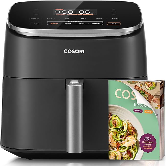 Cosori 9-in-1 TurboBlaze Air Fryer 6 Qt, Premium Ceramic Coating, 90°–450°F, Precise Heating for Even Results, Air Fry, Roast, Bake, Broil, Dry, Frozen, Proof, Reheat, Keep Warm, 120V, Dark Gray