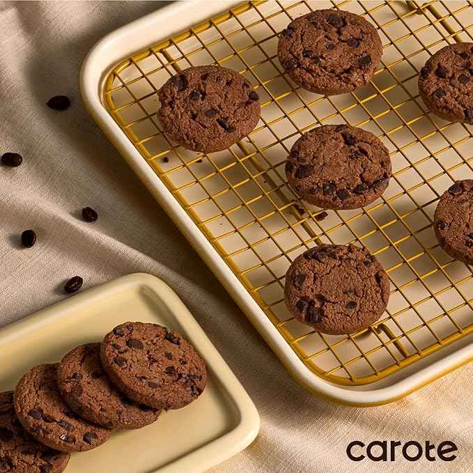 CAROTE 6-Piece Nonstick Ceramic Baking Pans Set - Bakeware Sets Including Cookie Sheets for Baking, Muffin Pan, Bread Pan, Cake pan, Loaf Pan, Cooling Rack, Mustard Yellow & Cream White
