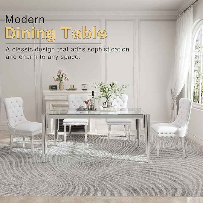 63'' Modern Glass Dining Table for 4-6 People,Tempered Glass Top Dining Room Table with Stainless Steel Base, Glass and Silver Dining Table for 6, Rectangle Dining Kitchen Table for Dinner