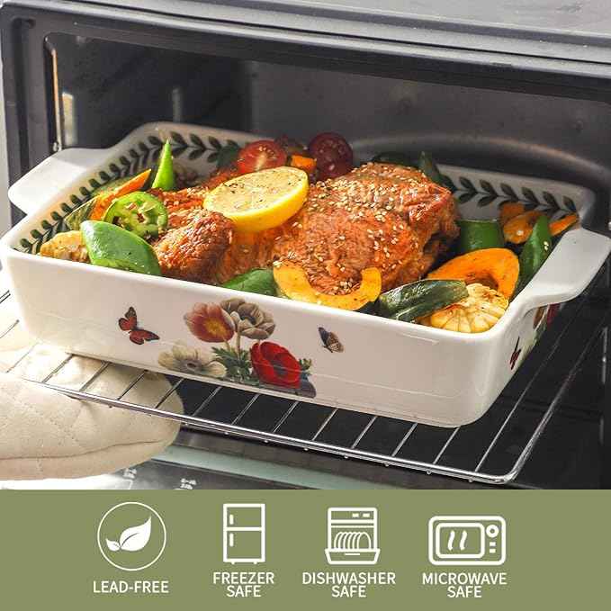 Ceramic Papaver rhoeas Baking Casserole Dish with Handles, Large 2 pieces 8x13 inch & 6x10 inch Lasagna Baking Dish and Middle Flower Andplant Baking Pan,Porcelain Serving Bakeware Set