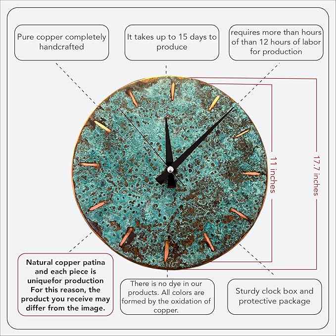 Handmade Copper Wall Clock Artisan Touch in Every Piece - Tree of Time Wall Decor Clock for Living Room, Office, Kitchen & Bedroom (Pure Copper, 17.7)