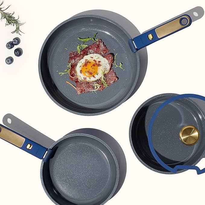 CAROTE Blue&Gold Ceramic Cookware Set Non Toxic, PFAS Free,15Pcs Pots and Pans Set Non Stick Detachable/Removable Handle,Kitchen Cooking Set Dishwasher Safe, Nonstick Pot and Pan, Induction Cookware
