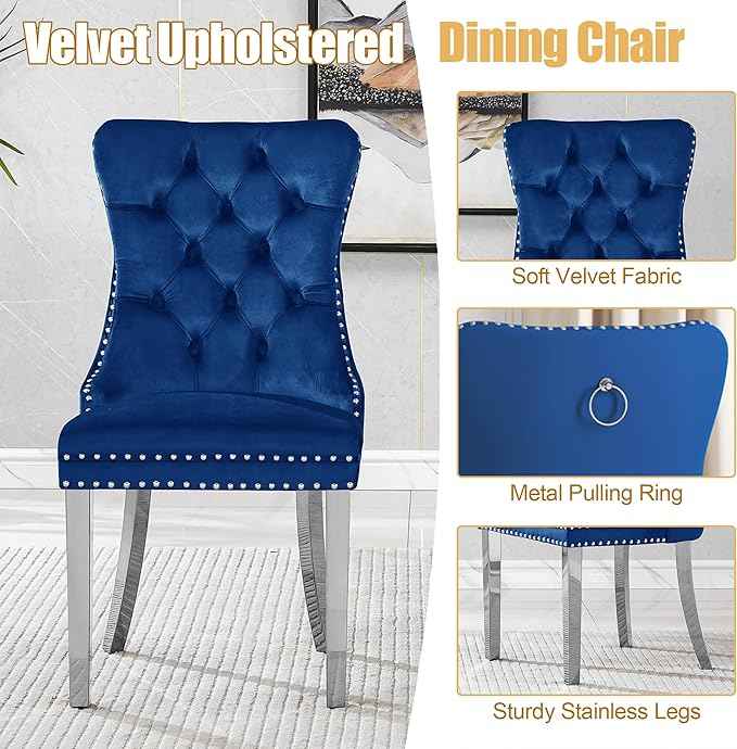 7 Piece Glass Dining Table Set for 6, 63" Modern Kitchen Table with 6 Blue Velvet Chairs, Tempered Glass Tabletop with White X-Shaped MDF Base, Modern Dining Room Set for Kitchen and Dining Room