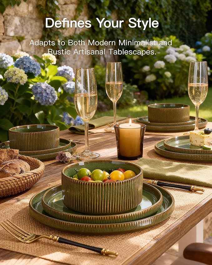 Stoneware Dinnerware Sets, Handcrafted Double Reactive Glaze Plates and Bowls for Everyday & Formal Dining, Microwave & Dishwasher Safe, Scratch Resistant Dishes Service for 4 (12-Piece), Moss