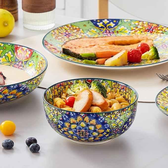 vancasso 24 Pieces Dinnerware Sets, Plates and Bowls Set, Porcelain Dishes Set for 6, Microwave and Dishwasher Safe, Scratch Resistant, Bohemian Style Dining Ware Service for 6, Series SIMI