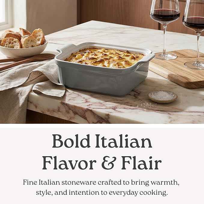 Stoneware Casserole Dish Bakeware with Lid | Covered Square Dinnerware | Large 2.5 Quart, [Modern Grey]