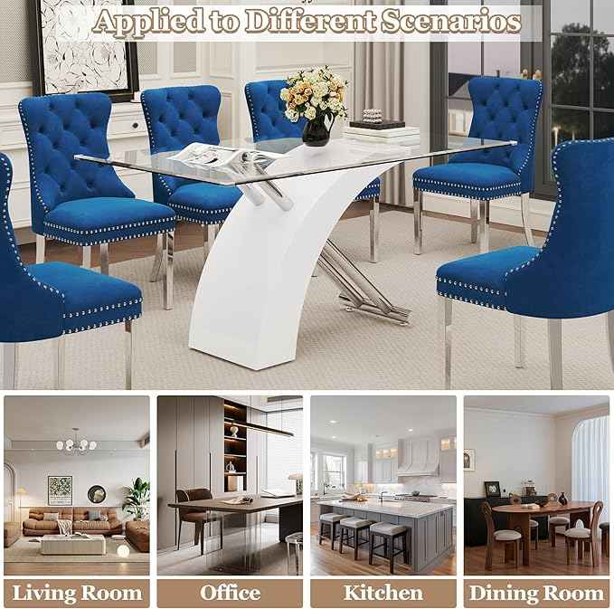 7 Piece Glass Dining Table Set for 6, 63" Modern Kitchen Table with 6 Blue Velvet Chairs, Tempered Glass Tabletop with White X-Shaped MDF Base, Modern Dining Room Set for Kitchen and Dining Room