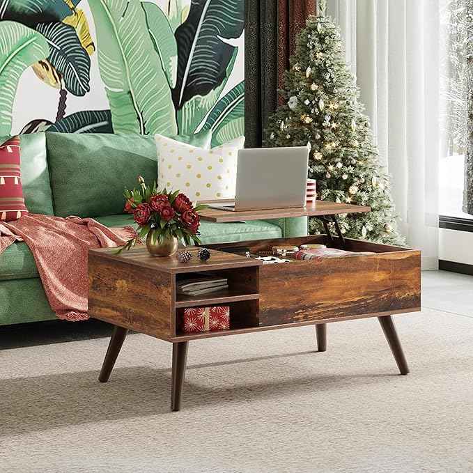 WLIVE Lift Top Coffee Table for Living Room,Small Coffee Table with Storage, Adjustable Shelf and Storage Compartment, Mid Century Modern Living Room Table, Wood, Rustic Brown