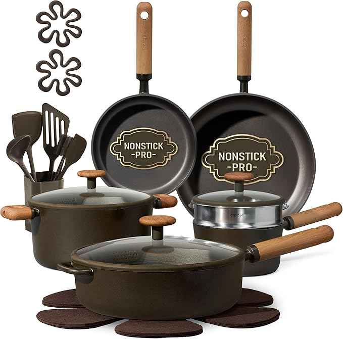 CAROTE Pots and Pans Set Non Stick, 21PCS Cookware Set with Strainer Lid, Induction Cooking Set with Kitchen Utensils, Dark Green