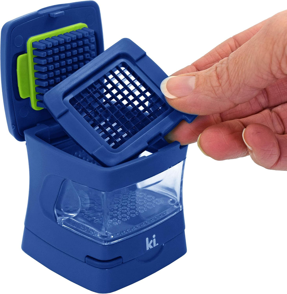 Garlic-A-Peel Garlic Press, Crusher, Cutter, Mincer, and Storage Container - Includes Silicone Garlic Peeler - Easy to Clean - Stainless Steel Blades – (Blue), standard - HomeSpice