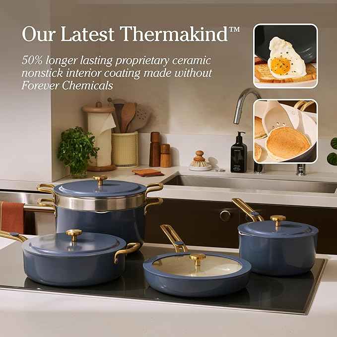 Our Place 11-Piece Essentials Complete Cookware Set - Ceramic Fry Pan, Saucepan, Sauté Pan, Stock Pot, Strainer Basket & Rack Storage | Thermakind™ Nonstick, Oven Safe up to 450°F | Blue Salt